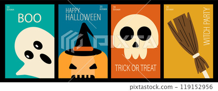Happy Halloween set. Poster template with pumpkins, ghosts, skeletons and witch cauldron. Halloween gift cards. Trendy holiday flyers for cover, banner, postcard, social media, event. Happy Halloween set. Poster template with pumpkins, ghosts, skeletons and witch cauldron. Halloween gift cards. Trendy holiday flyers for cover, banner, postcard, social media, event. 119152956