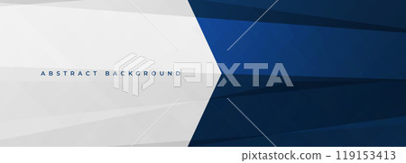 White and blue modern abstract wide banner with geometric shapes and arrow. Dark blue and white abstract background. 119153413