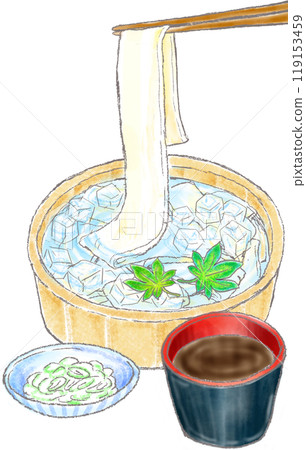 Cold Himokawa Udon with noodle soup and green onions in a tub 119153459