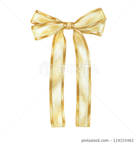A semi-transparent watercolor bow in rich golden tones. The hand-drawn ribbon offers a vintage baroque look, ideal for premium designs, gift decor, or luxurious holiday cards and ornate decorations 119153462
