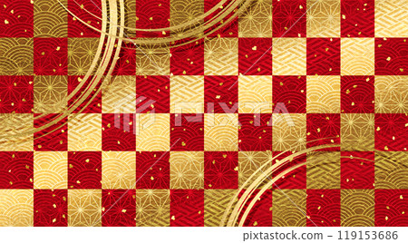 日式背景，金色格子圖案的日本紙紋理，紅色，適合新年活動和慶祝活動等。 119153686