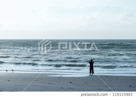 清晨在海灘散步的女人的剪影 清晨在海灘散步的女人的剪影 119153981