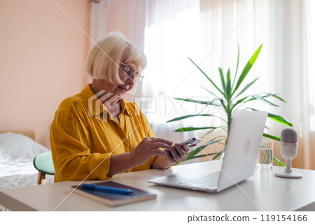 Elderly woman working on laptop computer, smiling, working from home. Trendy woman working on laptop from home 119154166