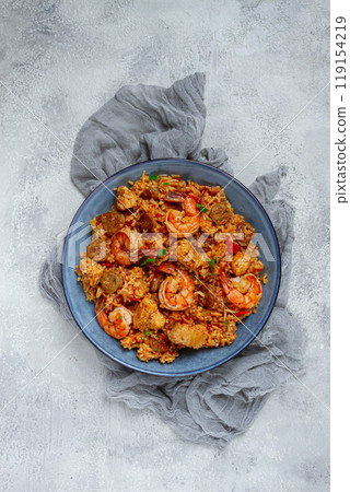 Jambalaya, Creole dish, American pilaf, rice with chicken and shrimp, vegetables, homemade, no people, Jambalaya, Creole dish, American pilaf, rice with chicken and shrimp, vegetables, homemade, no people, 119154219