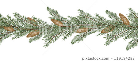 Fir branches seamless watercolor Border. Illustration of Christmas pattern with conifer tree and cones. Drawing of Frame for Xmas banner or backdrop for New Year. Template with Spruce or pine twigs. 119154282