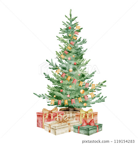 Watercolor Christmas Tree with garlands, lights and presents. Illustration with Spruce and gift boxes for Holiday Greeting Cards and New Year Invitations. Drawing of evergreen Fir tree. 119154283