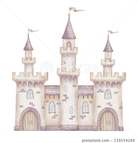 Castle watercolor illustration. Illustration of Fairytale palace with towers in pastel pink colors for baby greeting cards and girl nursery wall art. Magic fortress for kid design and childish poster. 119154284