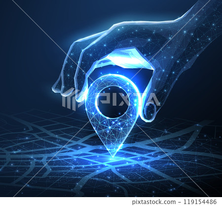 Digital hand set location on map with pin. AI technology in GPs, innovation delivery 119154486