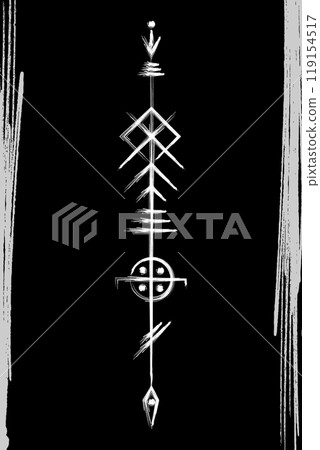 Odin spear, symbol of the sacred Celtic arrow. Gungnir Norse God Odin, Viking sign pagan. Magical mythology, white vector hand drawn, Brush drawing style isolated on black background Odin spear, symbol of the sacred Celtic arrow. Gungnir Norse God Odin, Viking sign pagan. Magical mythology, white vector hand drawn, Brush drawing style isolated on black background 119154517