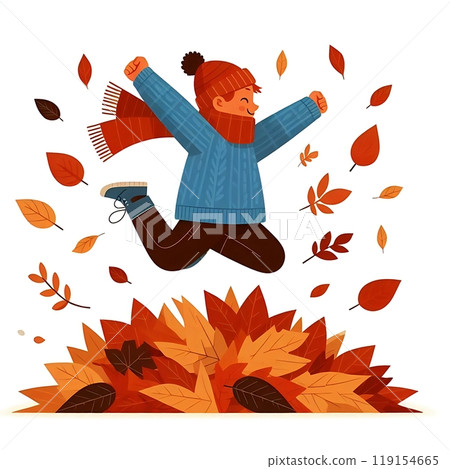 Flat-style illustration of a child joyfully jumping into a pile of colorful raked leaves. Perfect for fall-themed designs, playful content, and seasonal illustrations. Fun, energetic, and family 119154665