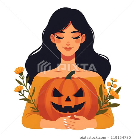 Flat-style illustration of a woman joyfully holding a Halloween pumpkin. Perfect for Halloween-themed content, festive decorations, and seasonal designs. Simple and cheerful composition 119154780