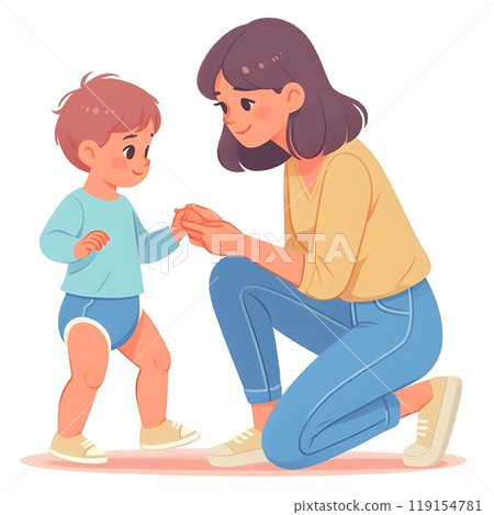 Flat-style illustration of a mom gently helping her toddler take their first steps. Ideal for family, parenting, and early childhood-themed designs. Simple, heartwarming composition on a white 119154781