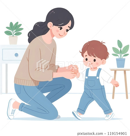 Flat-style illustration of a mom gently helping her toddler take their first steps. Ideal for family, parenting, and early childhood-themed designs. Simple, heartwarming composition on a white 119154901