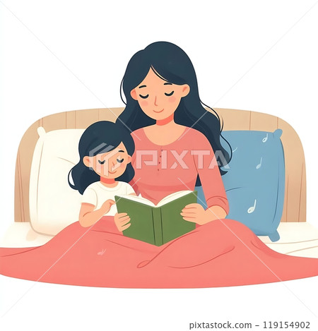 A mother sitting on the bed, reading a bedtime story to her child in flat design style. Cozy family moment, perfect for parenting and childhood-related content. White background. 119154902