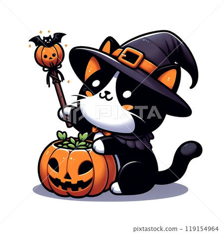 Cute flat-style illustration of a Halloween cat wearing a witch hat. Perfect for kid-friendly Halloween designs, festive decorations, and fun seasonal content. Playful and charming composition. 119154964