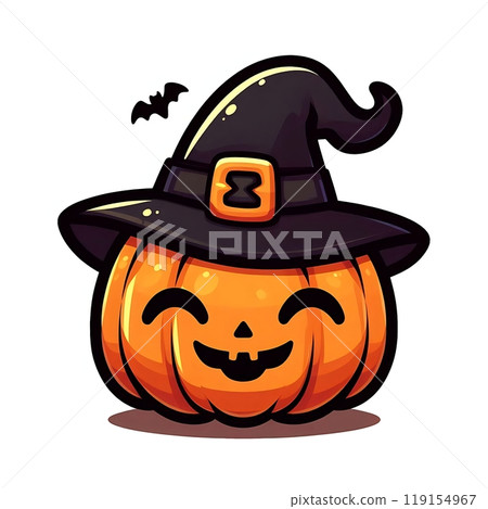 Cute flat-style illustration of a Halloween pumpkin with a friendly face. Perfect for Halloween decorations, fun and kid-friendly designs, and seasonal content. Playful and minimalist composition. 119154967