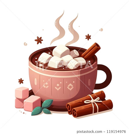 Flat-style illustration of a steaming cup of hot chocolate topped with marshmallows and a cinnamon stick. Perfect for winter, cozy, and festive-themed designs. Warm and inviting composition for Flat-style illustration of a steaming cup of hot chocolate topped with marshmallows and a cinnamon stick. Perfect for winter, cozy, and festive-themed designs. Warm and inviting composition for 119154976
