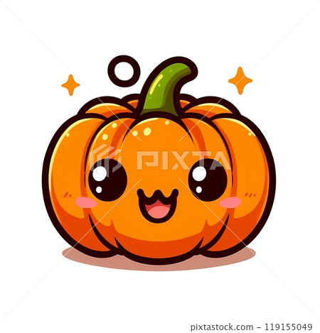 Cute flat-style illustration of a Halloween pumpkin with a friendly face. Perfect for Halloween decorations, fun and kid-friendly designs, and seasonal content. Playful and minimalist composition. 119155049