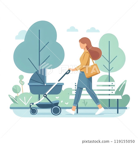 Flat-style illustration of a mother strolling through a park while pushing a stroller. Ideal for family, parenting, and outdoor-themed designs. Calm and scenic composition, perfect for everyday life 119155050