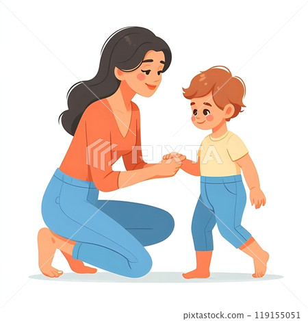 Flat-style illustration of a mom gently helping her toddler take their first steps. Ideal for family, parenting, and early childhood-themed designs. Simple, heartwarming composition on a white 119155051
