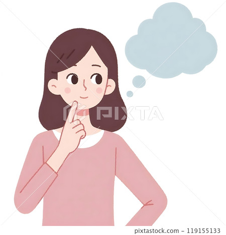 Flat-style illustration of a woman with a thinking bubble above his head. Ideal for brainstorming, creativity, and thought-related content. Simple and engaging design, perfect for business and 119155133