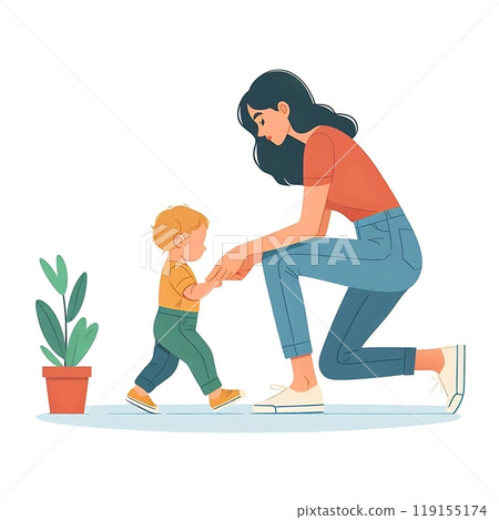 Flat-style illustration of a mom gently helping her toddler take their first steps. Ideal for family, parenting, and early childhood-themed designs. Simple, heartwarming composition on a white 119155174
