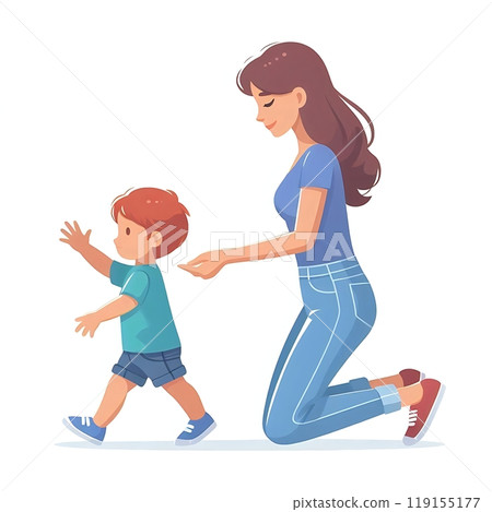 Flat-style illustration of a mom gently helping her toddler take their first steps. Ideal for family, parenting, and early childhood-themed designs. Simple, heartwarming composition on a white Flat-style illustration of a mom gently helping her toddler take their first steps. Ideal for family, parenting, and early childhood-themed designs. Simple, heartwarming composition on a white 119155177