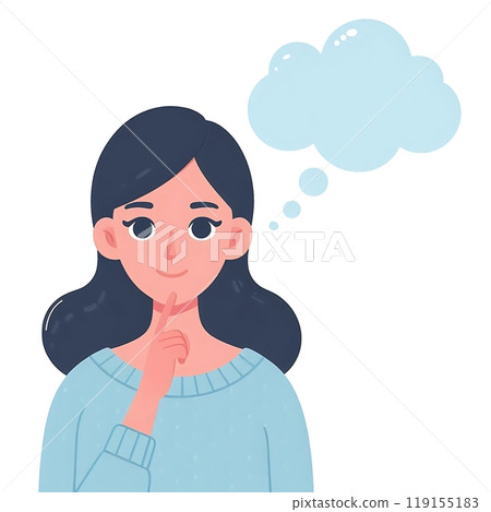 Flat-style illustration of a woman with a thinking bubble above his head. Ideal for brainstorming, creativity, and thought-related content. Simple and engaging design, perfect for business and 119155183