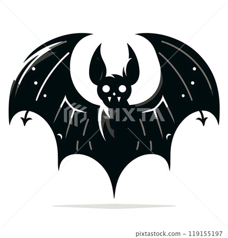 A flat-style illustration of a spooky Halloween bat with simple shapes. Perfect for Halloween decorations, spooky designs, and themed content. Clean and minimalist on a white background.  119155197