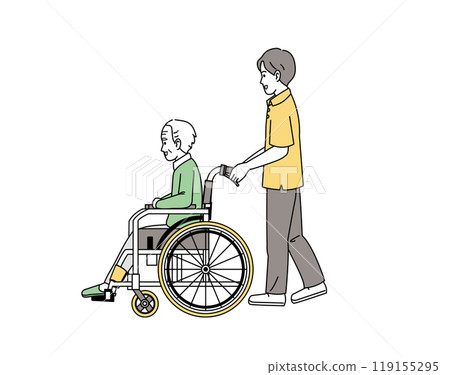 Illustration of a male caregiver pushing a wheelchair 119155295