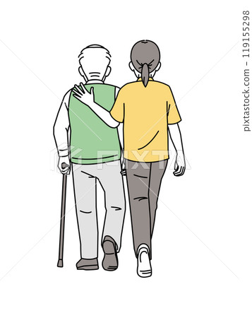 Illustration of a caregiver helping an elderly person walk 119155298