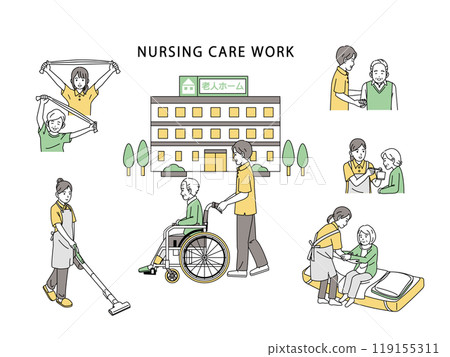 Illustration set of caregivers working with elderly people Illustration set of caregivers working with elderly people 119155311