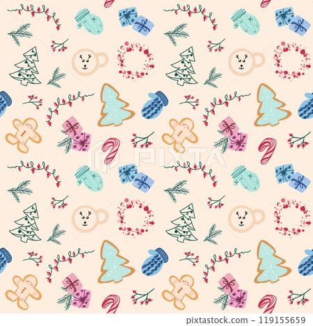 Winter Patterns on Beige Background with Christmas Pictures - Seamless, Raster 119155659