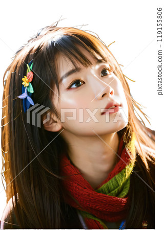 【背景透明】時尚可愛少婦，花朵裝飾，絲巾搭配，長髮 119155806
