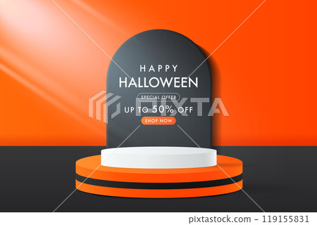 Halloween promotion display banner. Black gravestone on orange background. Abstract 3D promotion mockup podium. Halloween promotion display banner. Black gravestone on orange background. Abstract 3D promotion mockup podium. 119155831