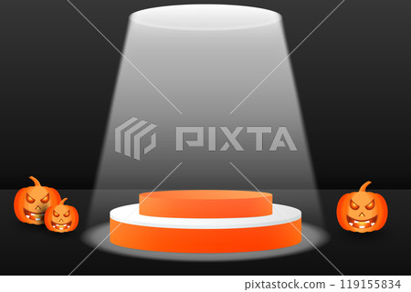 Halloween background with scary pumpkin. Abstract 3D podium with spot light on black studio background. Promotion mockup podium. Halloween background with scary pumpkin. Abstract 3D podium with spot light on black studio background. Promotion mockup podium. 119155834
