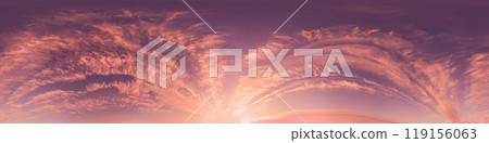 Sunset sky with bright glowing pink Cirrus clouds. Seamless spherical HDR 360 panorama. Full zenith or sky dome in 3D, sky replacement for aerial drone panoramas. Climate and weather change. 119156063