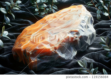 Abhurite stone resting on black velvet with detailed textures and soft lighting 119156084