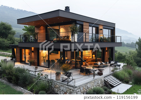 House near mountains, forests with swimming pool, modern European architectural design, illuminated panoramic windows. 119156199