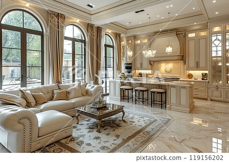 Kitchen European palace modern style interior design in white with antique carved furniture. 119156202