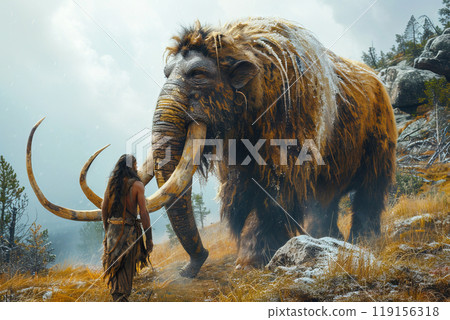 Stone Age mammoth predator surrounded by primitive men with weapons. Stone Age mammoth predator surrounded by primitive men with weapons. 119156318