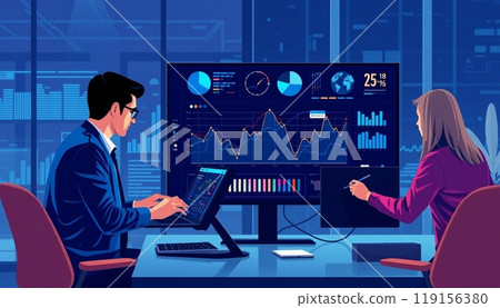 Business people working on monitor graph dashboard Technology and internet vector illustration Business people working on monitor graph dashboard Technology and internet vector illustration 119156380