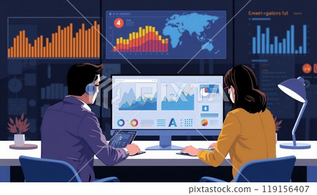 Business people working on monitor graph dashboard Technology and internet vector illustration Business people working on monitor graph dashboard Technology and internet vector illustration 119156407