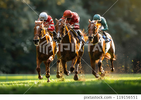 Riders and jockeys on a group of racehorses compete on a racetrack. Great speed in equestrian sports. 119156551