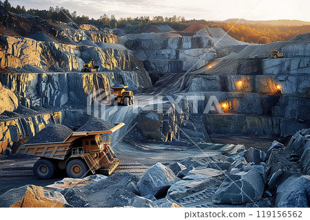 Mining industry, open quarry mining stone mineral, aerial view from drone. Special vehicles trucks drive in quarry. 119156562