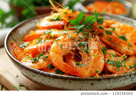 Boiled kevetka in a plate with lemon, greens, close-up, macro. Seafood, culinary ingredient mollusc. Boiled kevetka in a plate with lemon, greens, close-up, macro. Seafood, culinary ingredient mollusc. 119156563