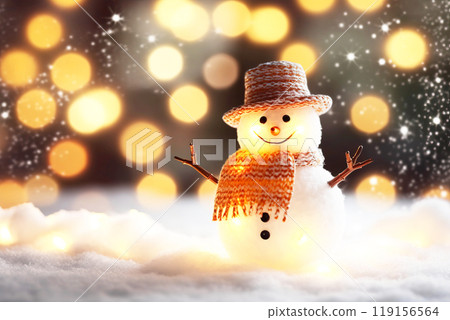 Snowman christmas new year on white snow, blurred winter frosty background. 119156564