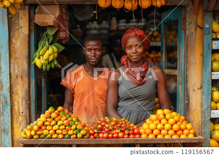 African stall with exotic tropical fresh fruits, sellers Africans smiling friendly. 119156567