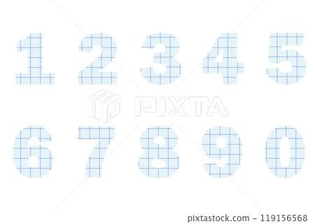 Numbers from zero to nine cut out of square line blue paper. Vector graphic elements for unique design isolated on white background. 119156568