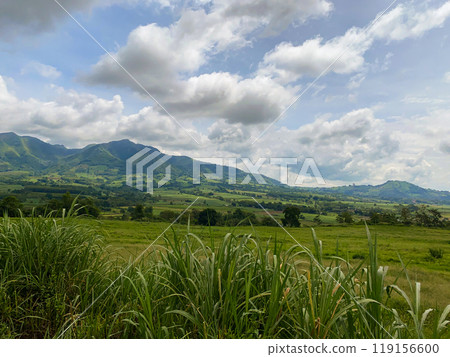 Tropical mountain with farmlands. Blue sky and clouds. Mindanao, Philippines. 119156600